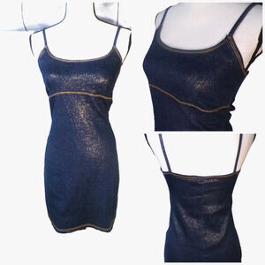 Y2k Babydoll Dress S Strappy Blue with Gold Sparkle Skater Punk NWT Fairy Grunge
